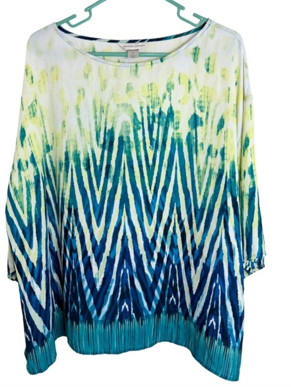 Christopher & Banks Teal, Blue & Green Watercolor Print 3/4 Sleeve Blouse